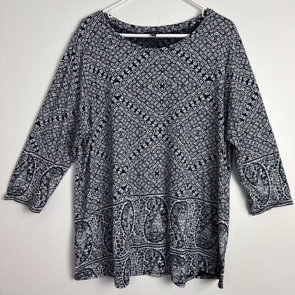 Lucky Brand 2X Top Paisley Border Print Plus Size 3/4 Sleeve Blouse Boho - Picture 1 of 8